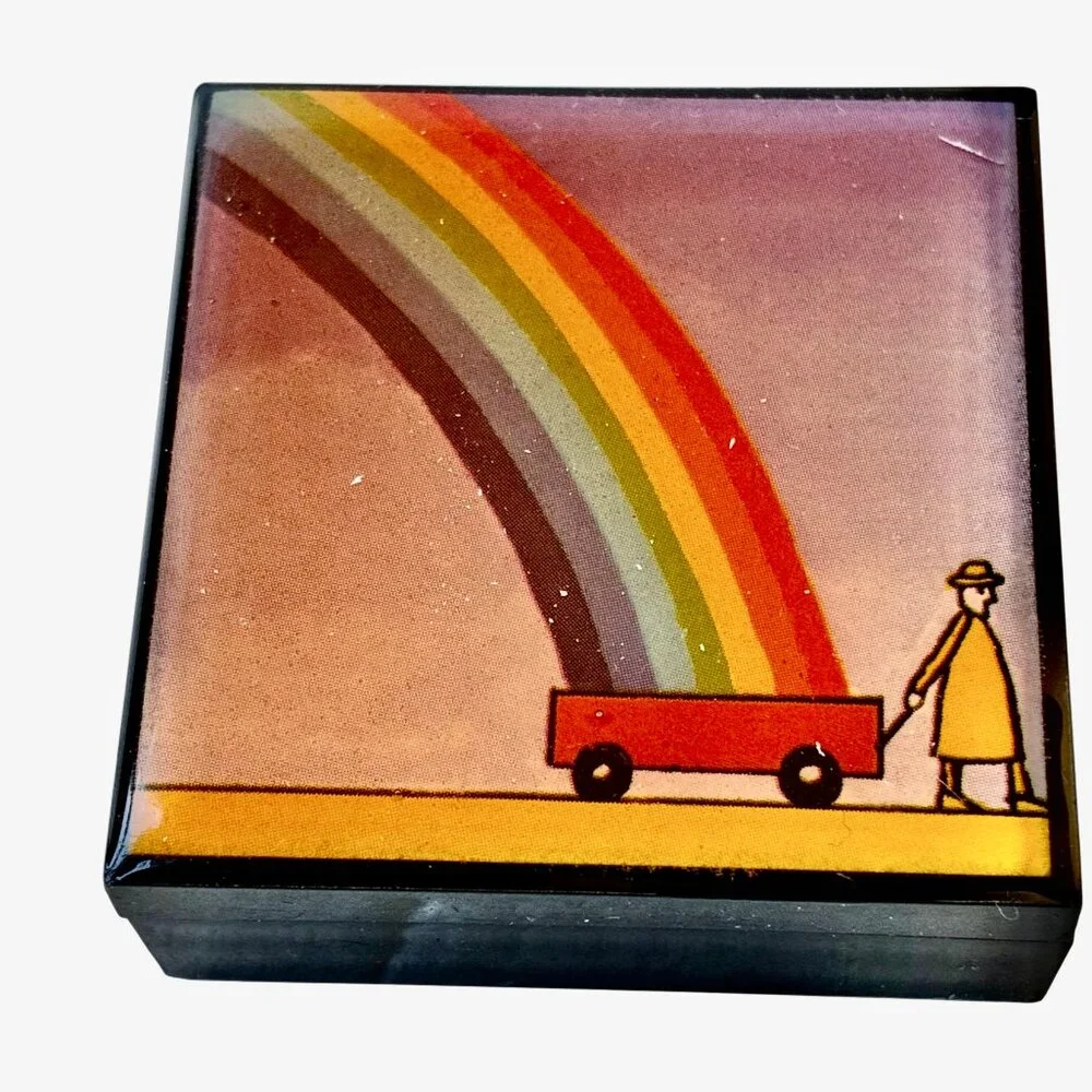 Vintage Black Lacquer Trinket Box RAINBOW & Wagon Small 2